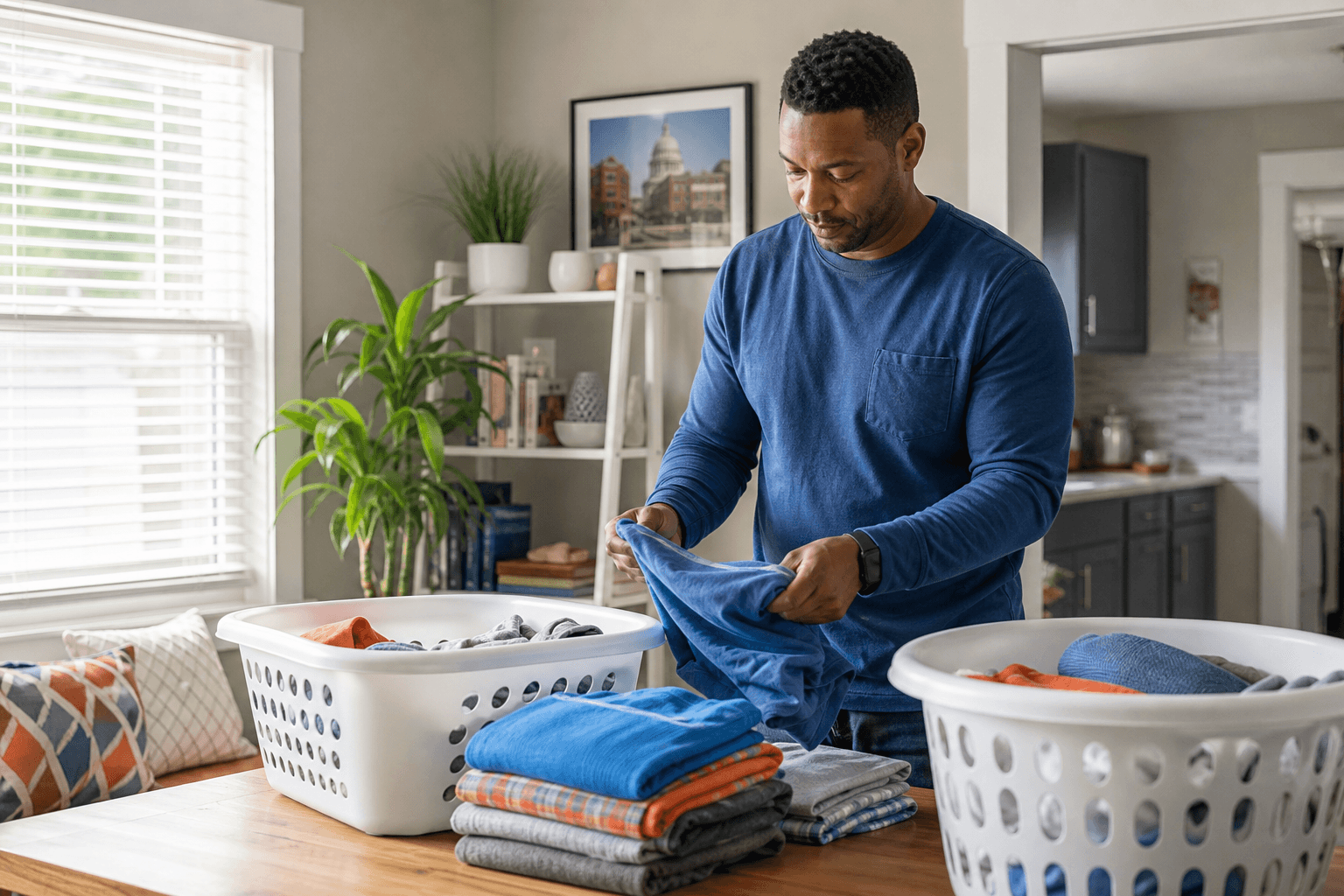 Clean family clothes folded into organized baskets