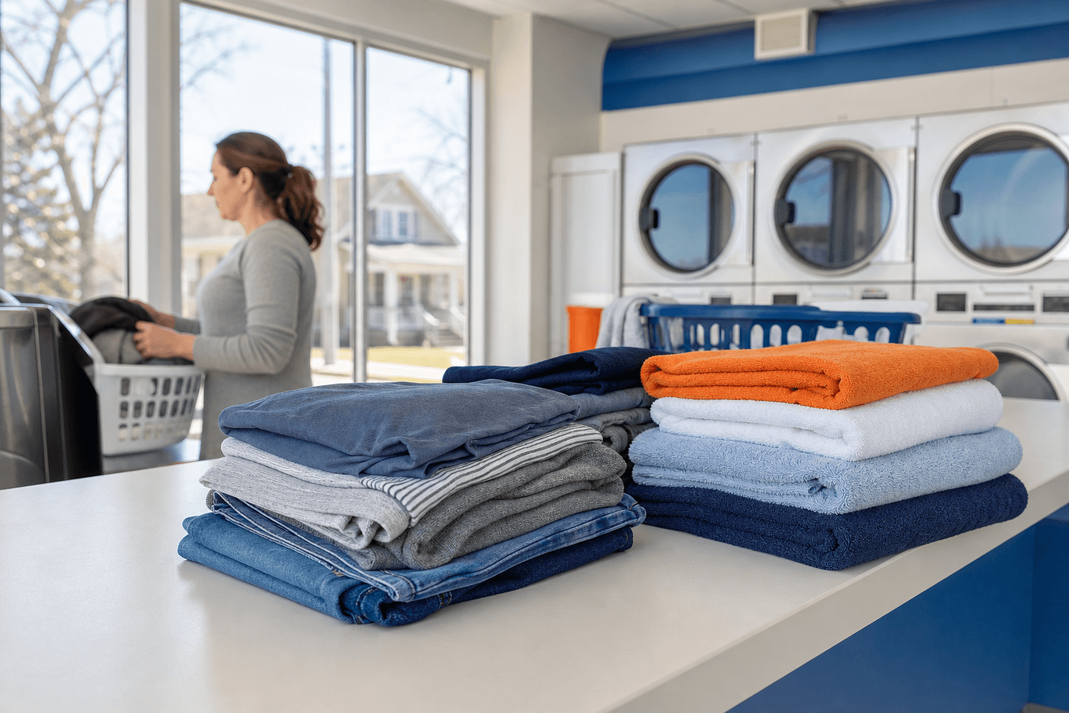 Clean laundry folded on a laundromat table