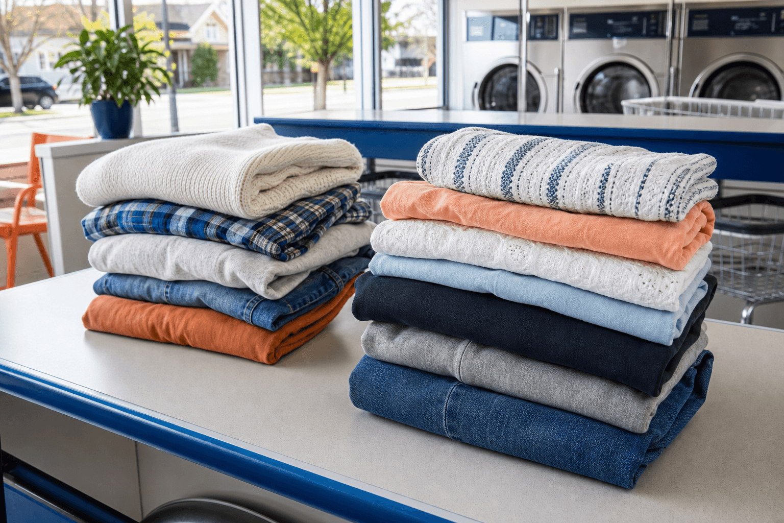 Clean laundry folded on a laundromat table