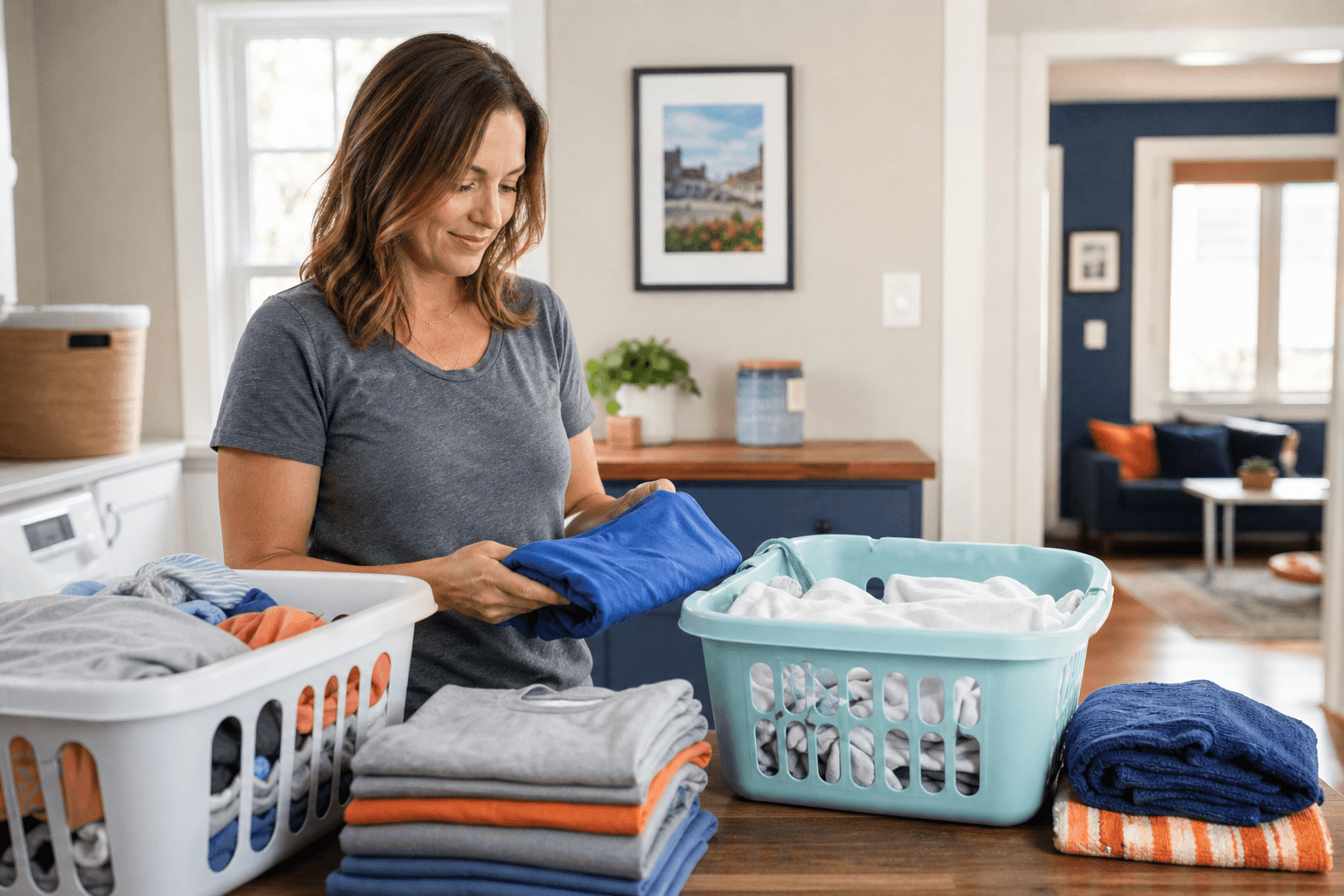 Clean family clothes folded into organized baskets