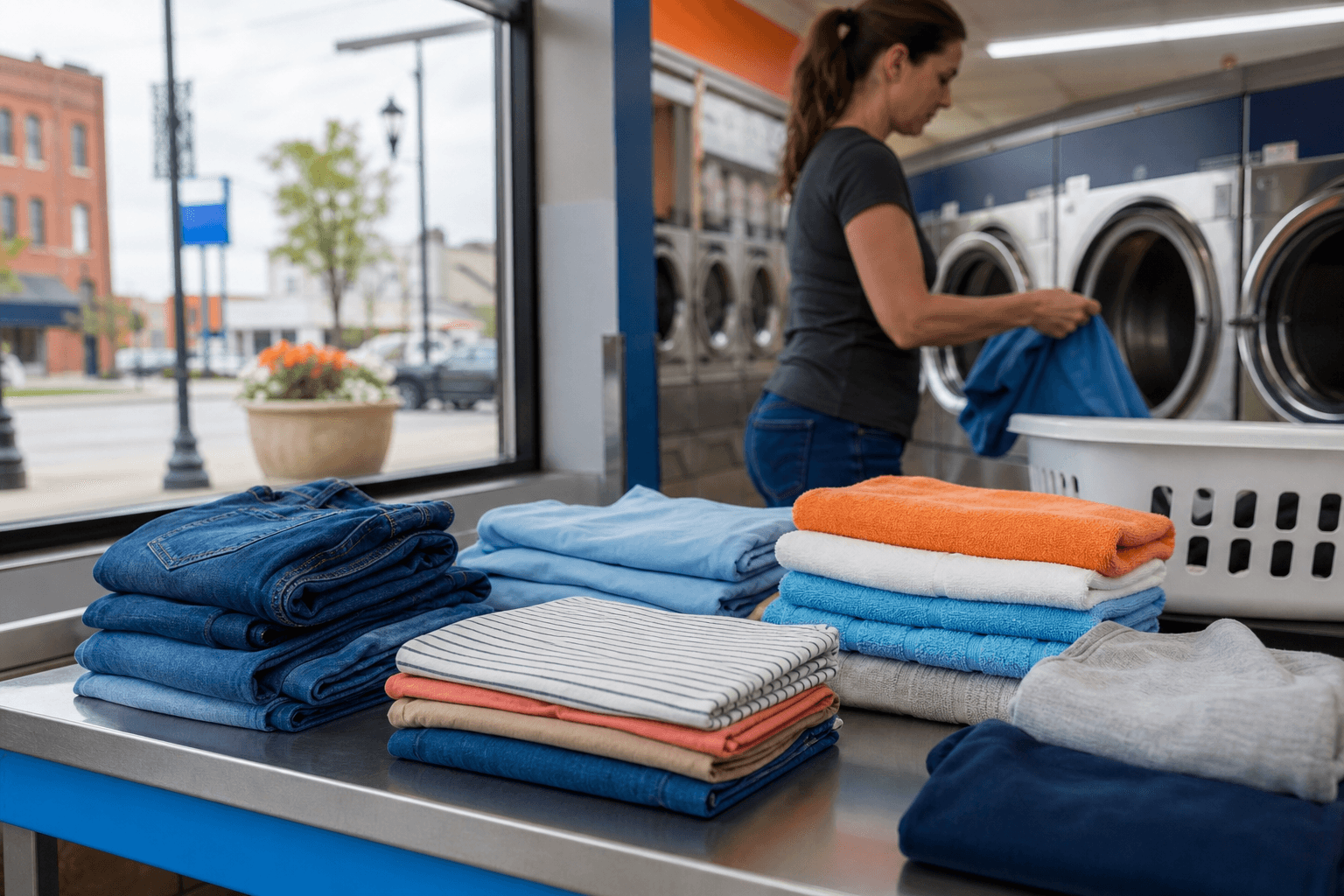 Clean laundry folded on a laundromat table