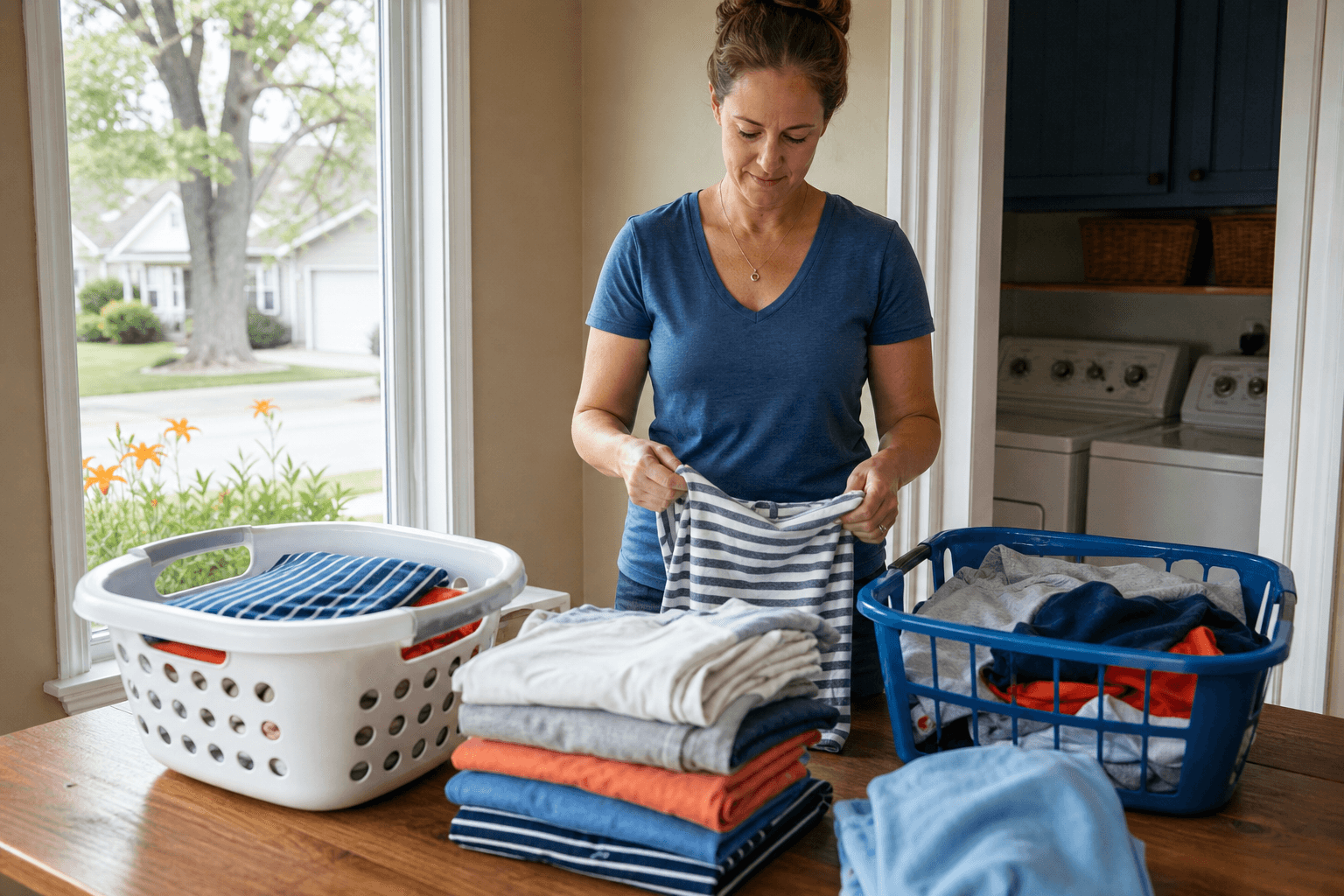 Clean family clothes folded into organized baskets