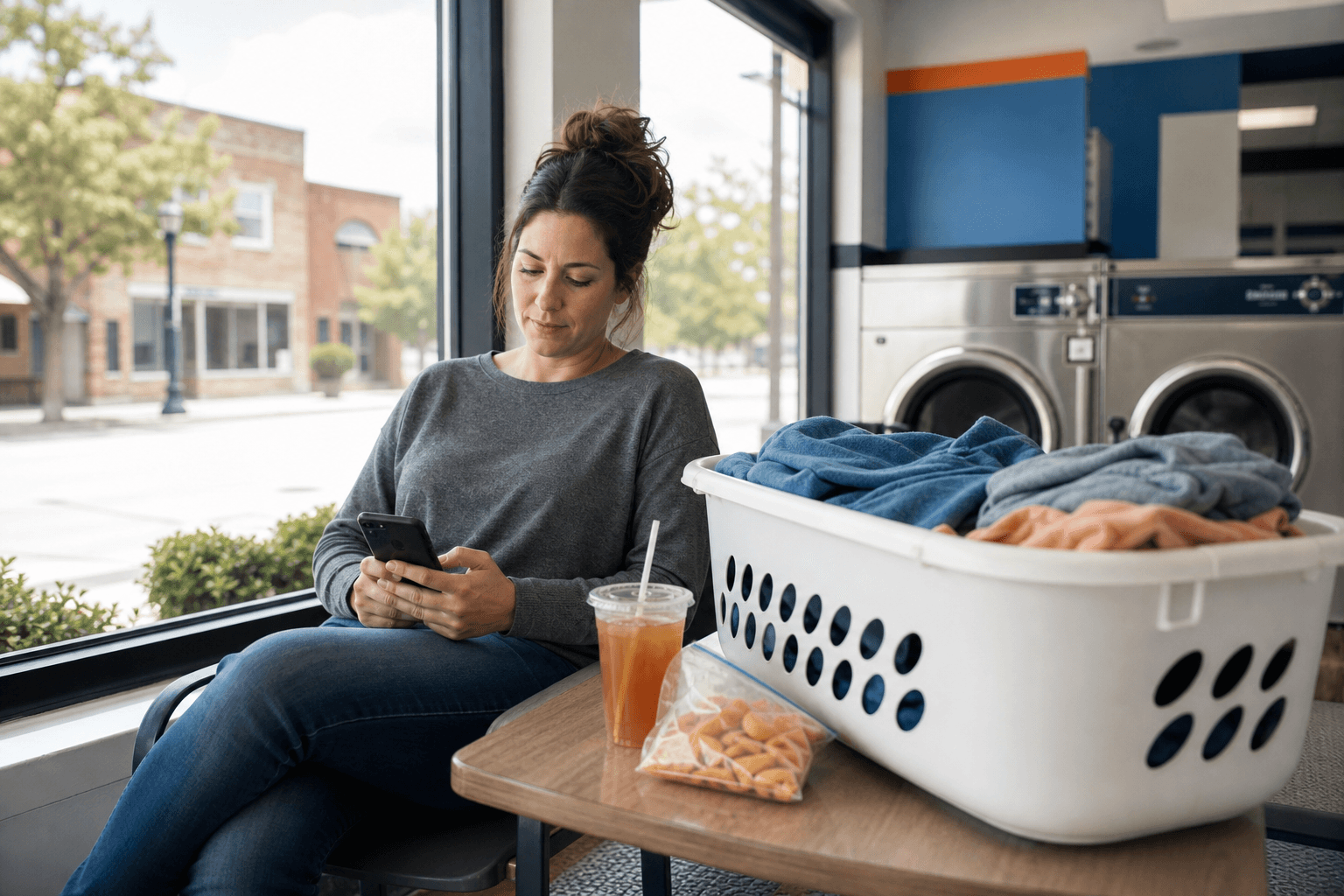 Snack and drink beside a laundry basket while waiting