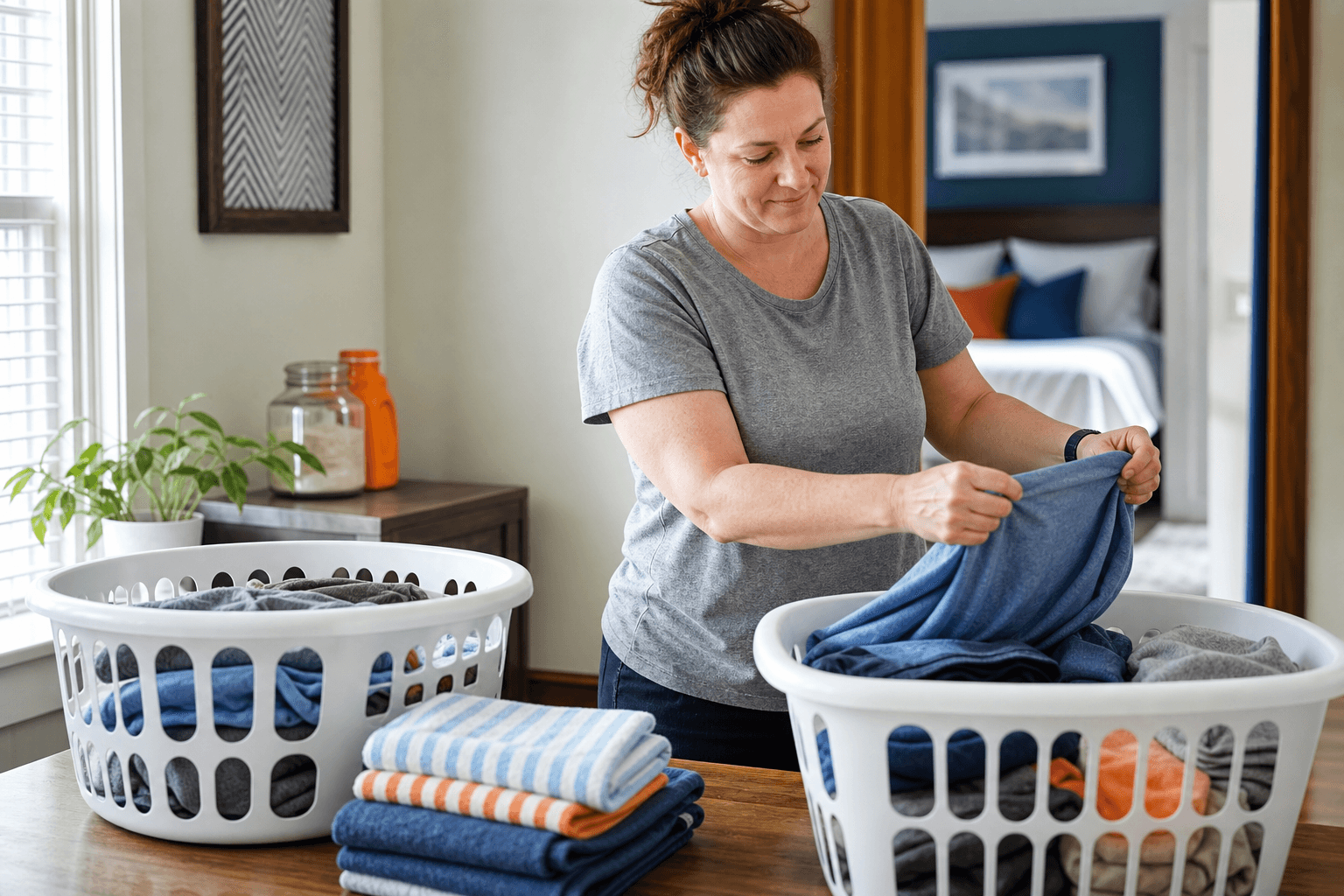 Clean family clothes folded into organized baskets