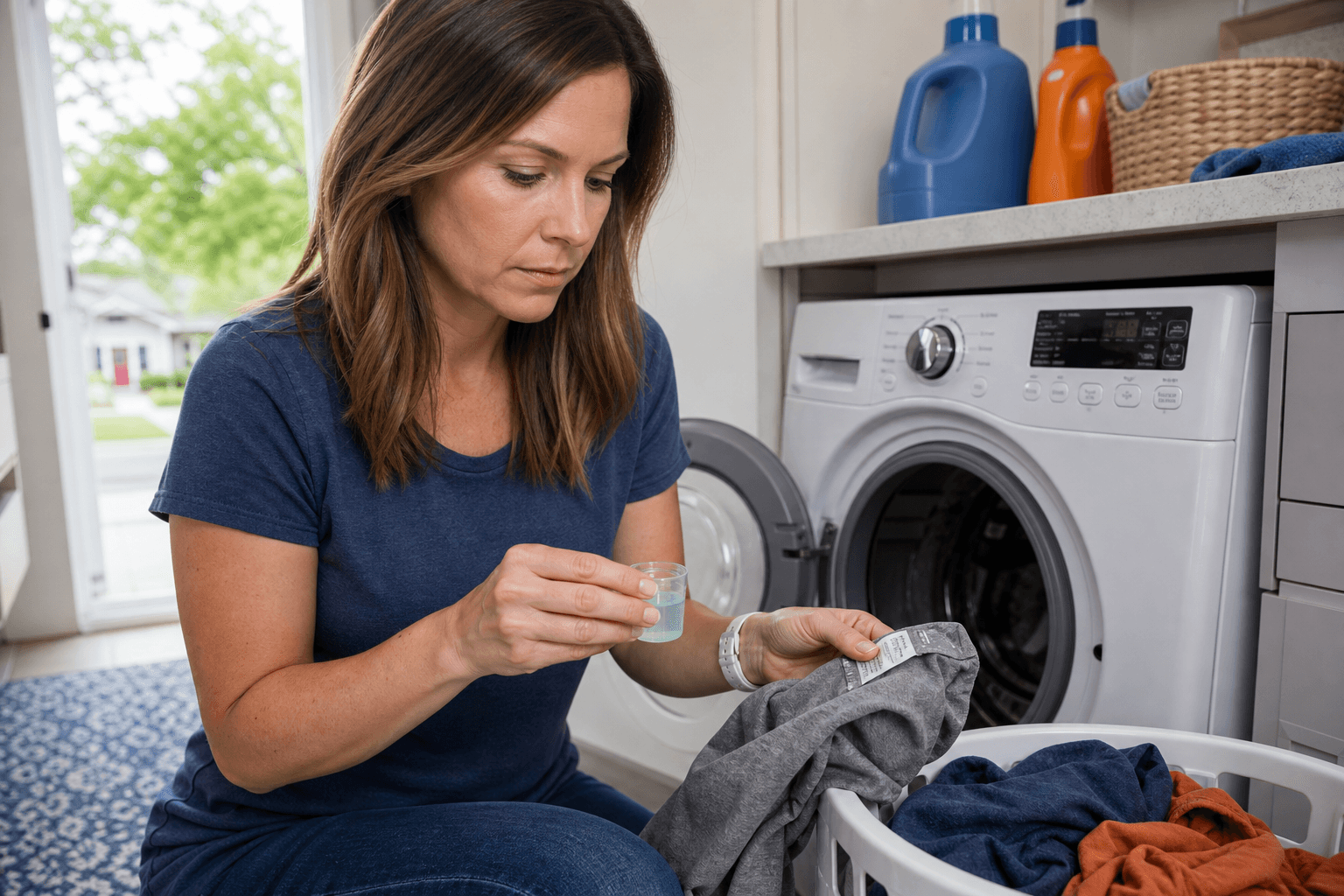 Measuring detergent and checking a garment care label