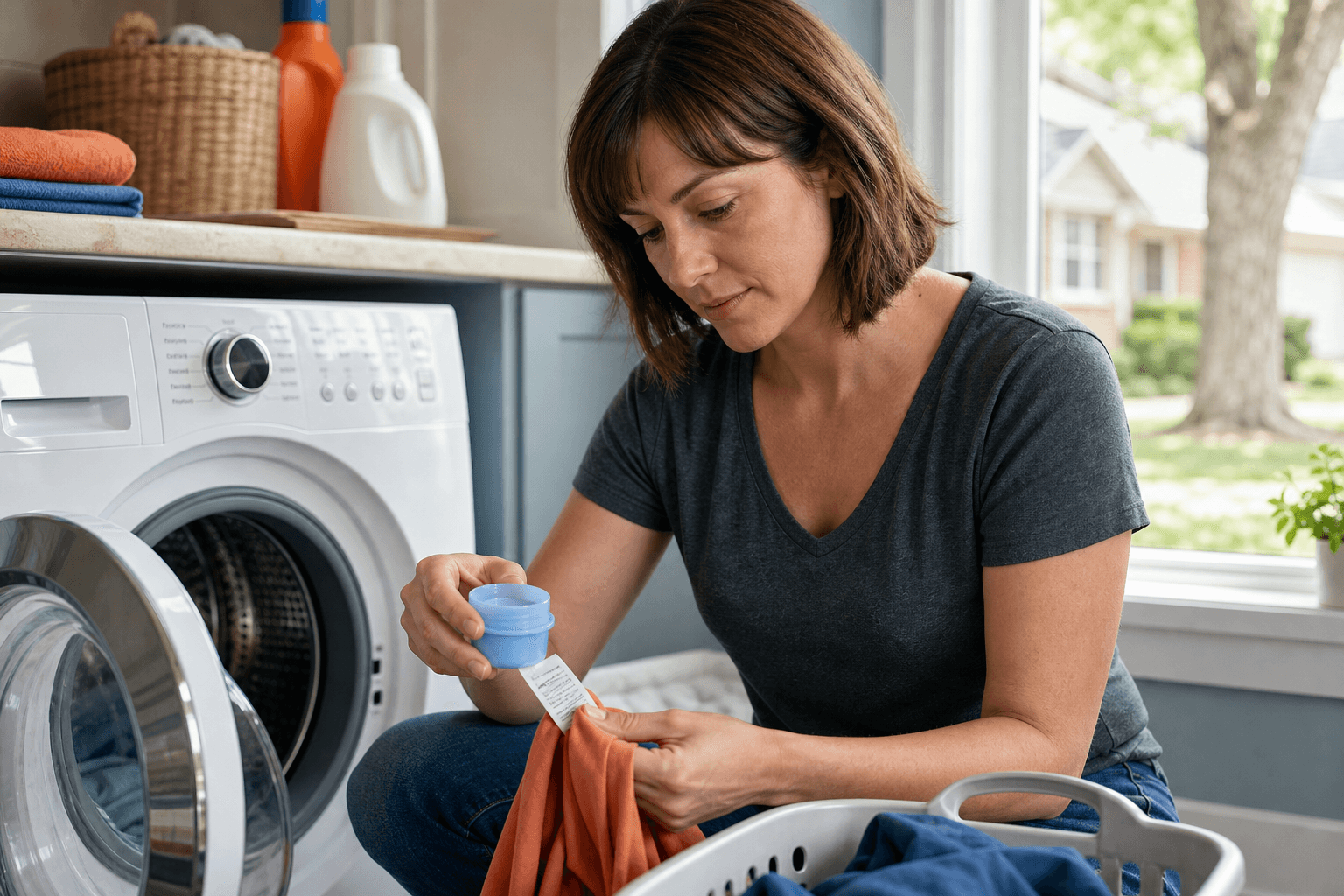 Measuring detergent and checking a garment care label