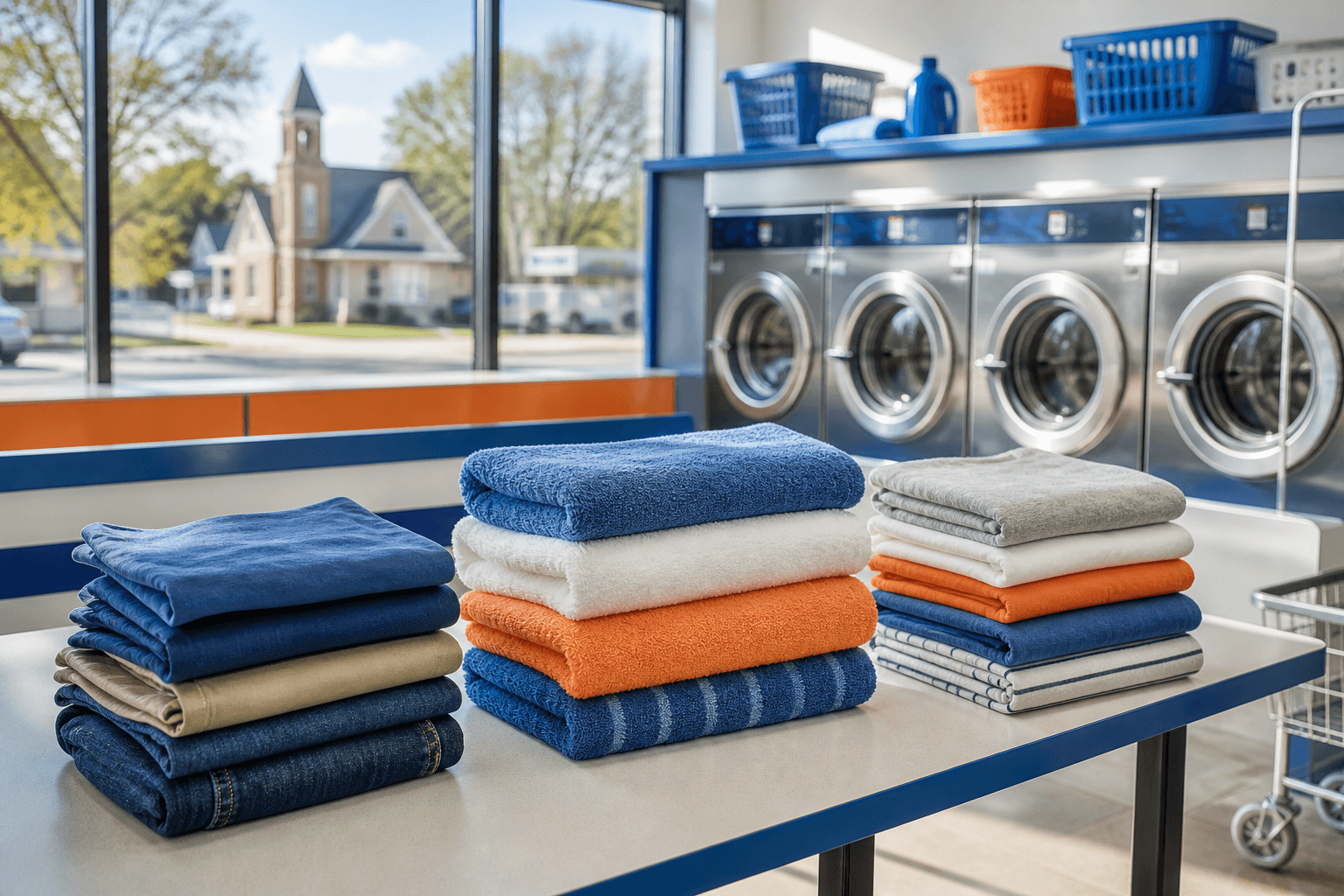 Clean laundry folded on a laundromat table