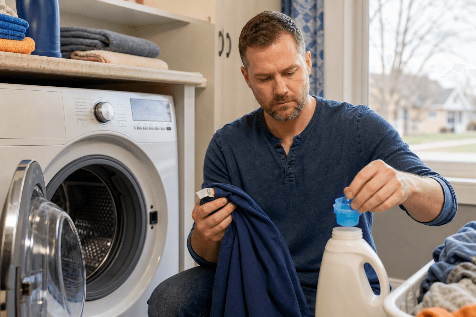 Measuring detergent and checking a garment care label