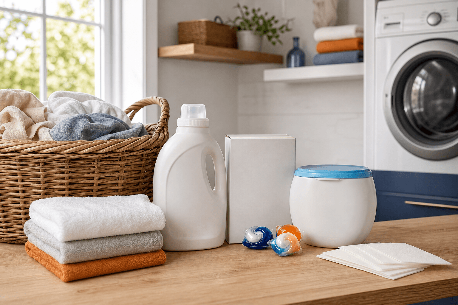 Laundry basket and unbranded detergent formats in a bright Manor Oaks laundry room