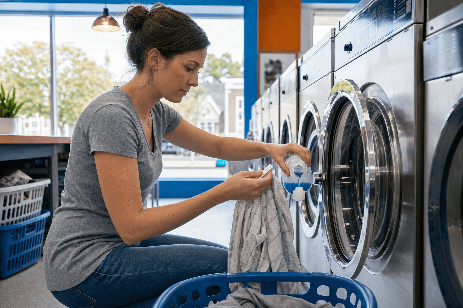 Customer measuring detergent and checking a garment care label at a laundromat