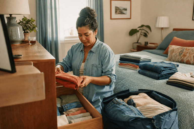 Customer checking and putting away a completed folded laundry order at home