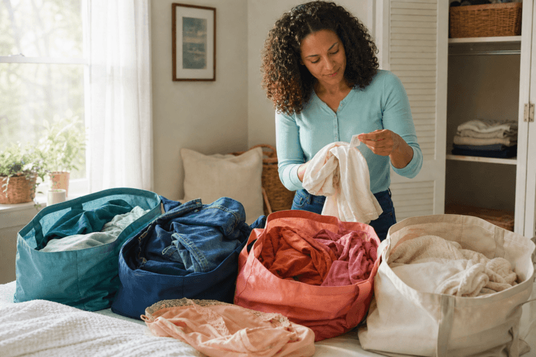 Customer sorting washable clothes into separate bags while checking a care label