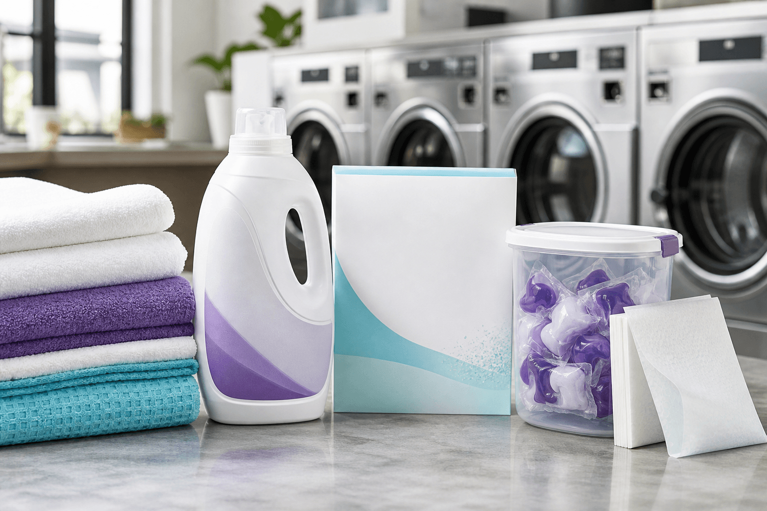 Unbranded liquid, powder, pods, and detergent sheets beside folded towels in a modern laundromat