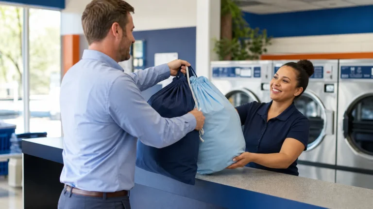 Customer bringing laundry bags to an in-store wash-dry-fold counter in Independence Missouri