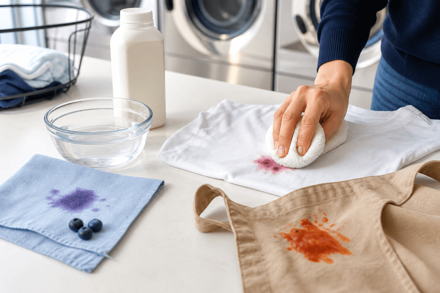 Blueberry cherry juice and spaghetti sauce stains being sorted for careful pretreatment