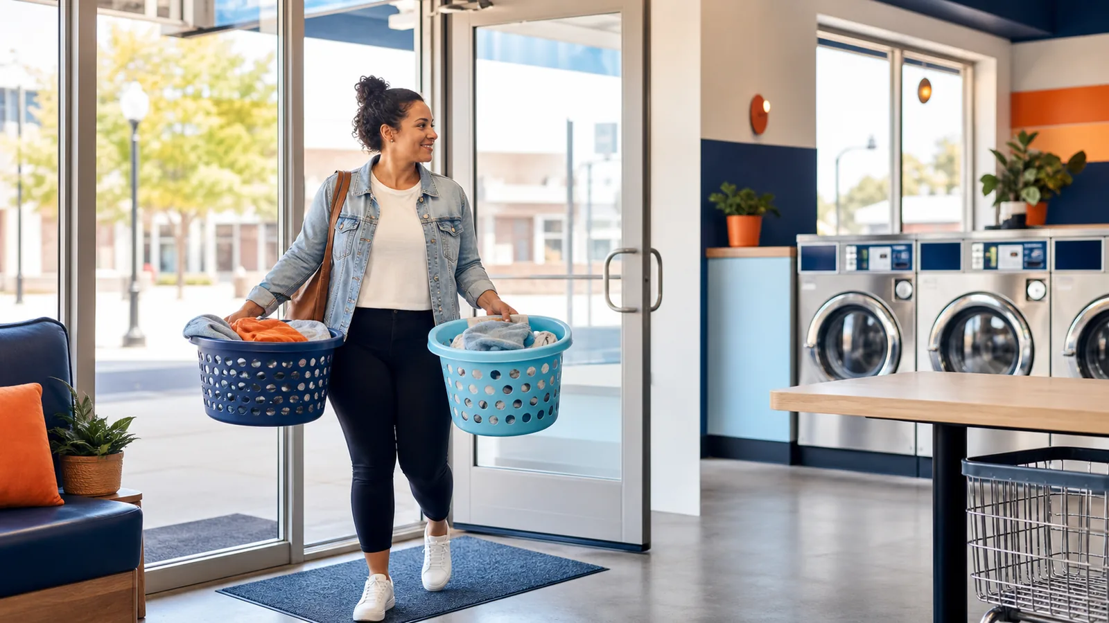 Customer arriving at a clean Independence laundromat with two laundry baskets