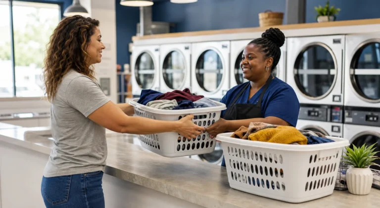 Customer bringing laundry baskets to an attended wash-dry-fold counter in Independence Missouri