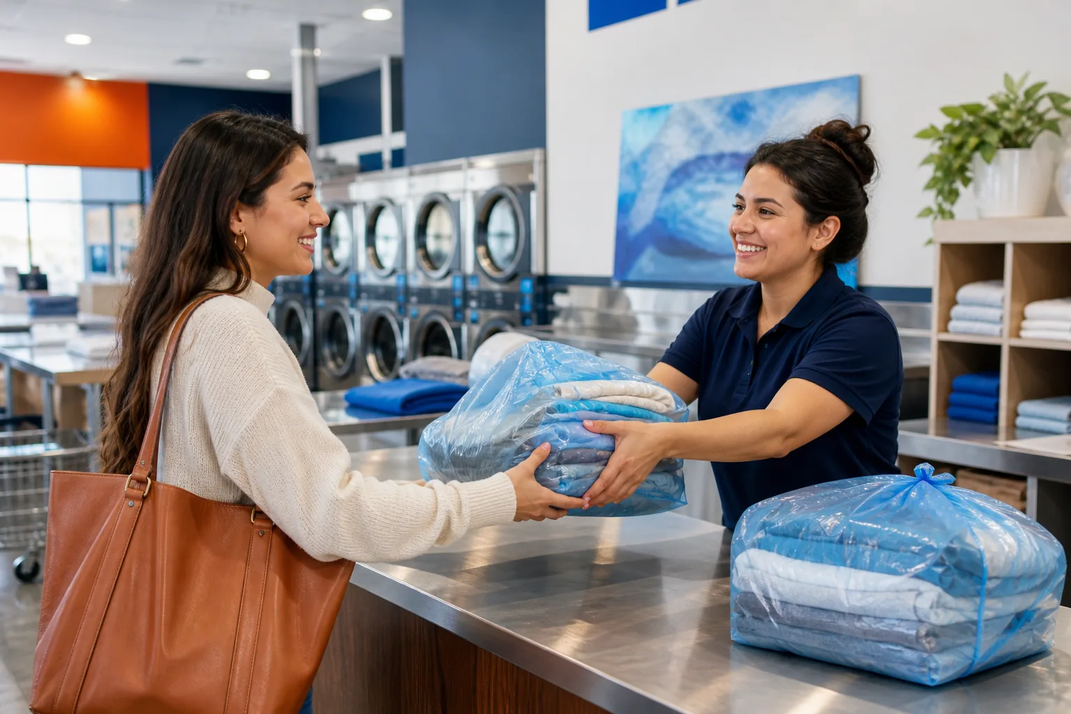 Customer returning to an Independence laundromat to receive folded wash-dry-fold laundry