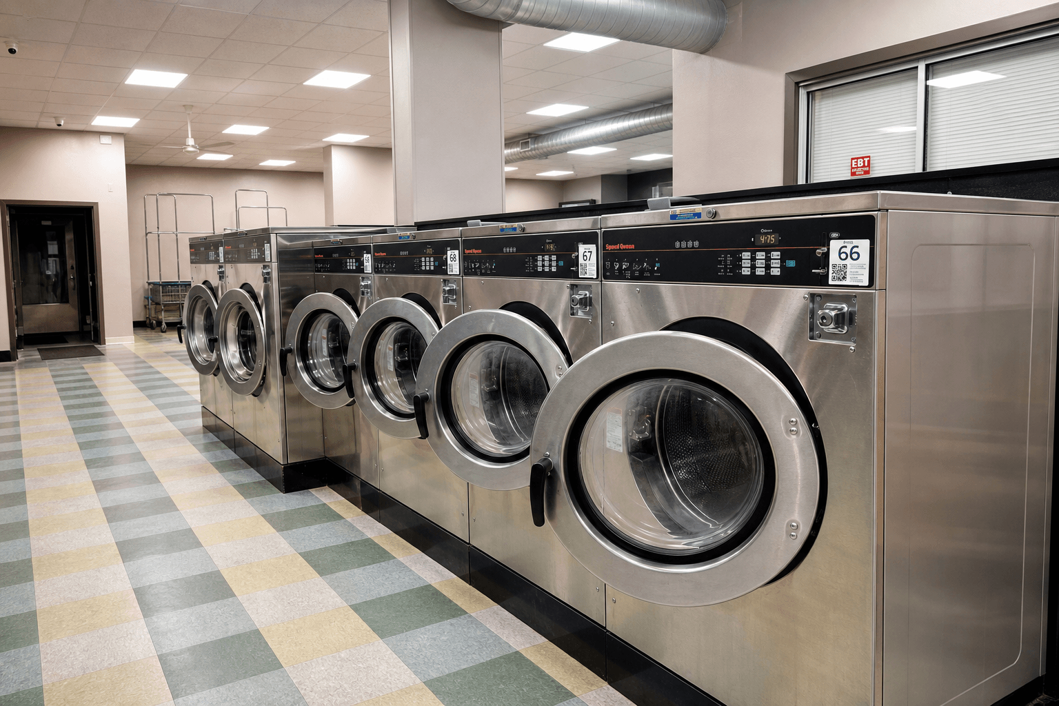 Stainless front-loading washers inside Fresh Spin Laundry in Independence Missouri