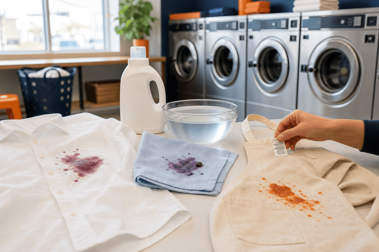 Stain-removal supplies and stained washable garments on a folding table inside a laundromat