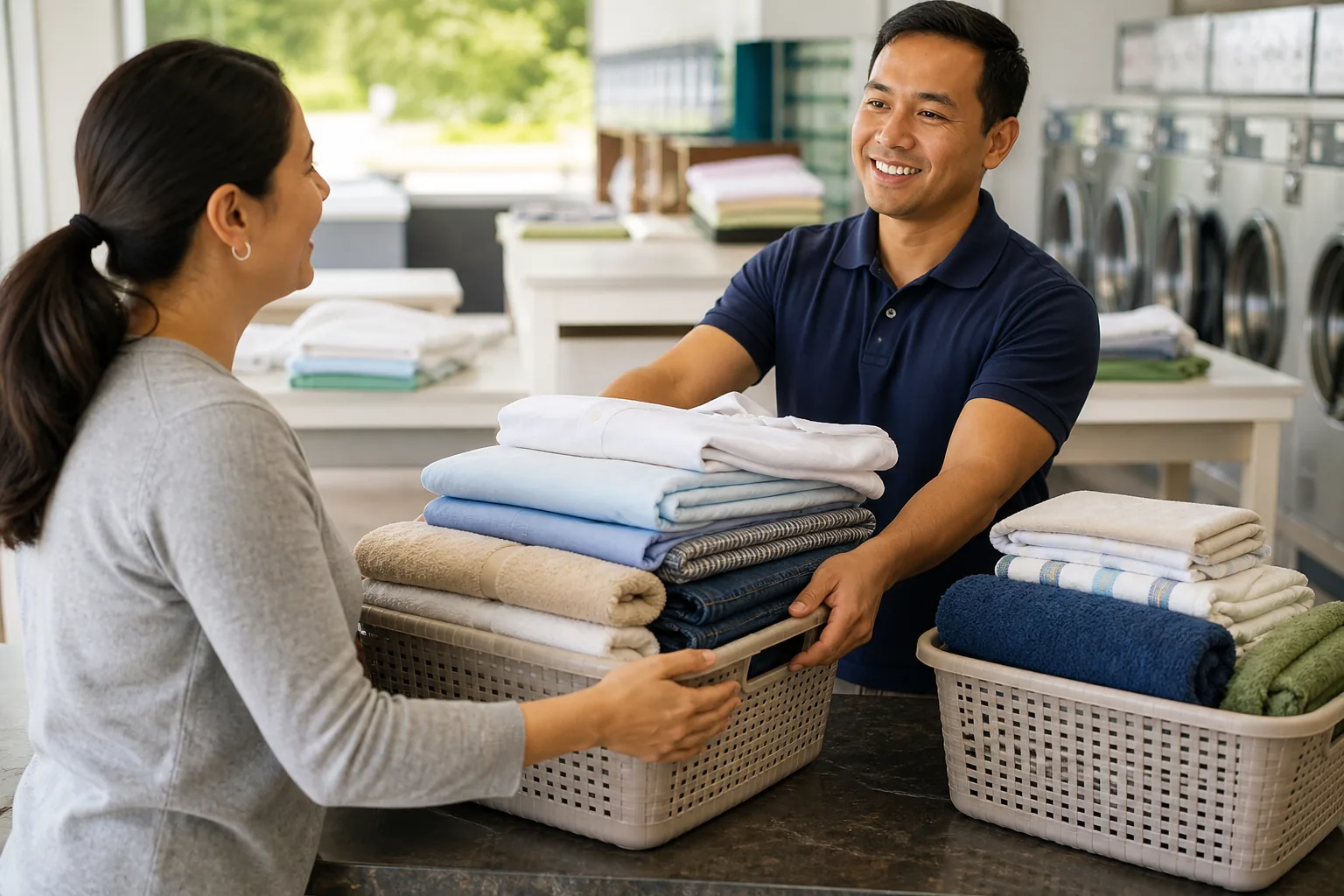 Customer receiving neatly folded wash-dry-fold laundry at an in-store counter