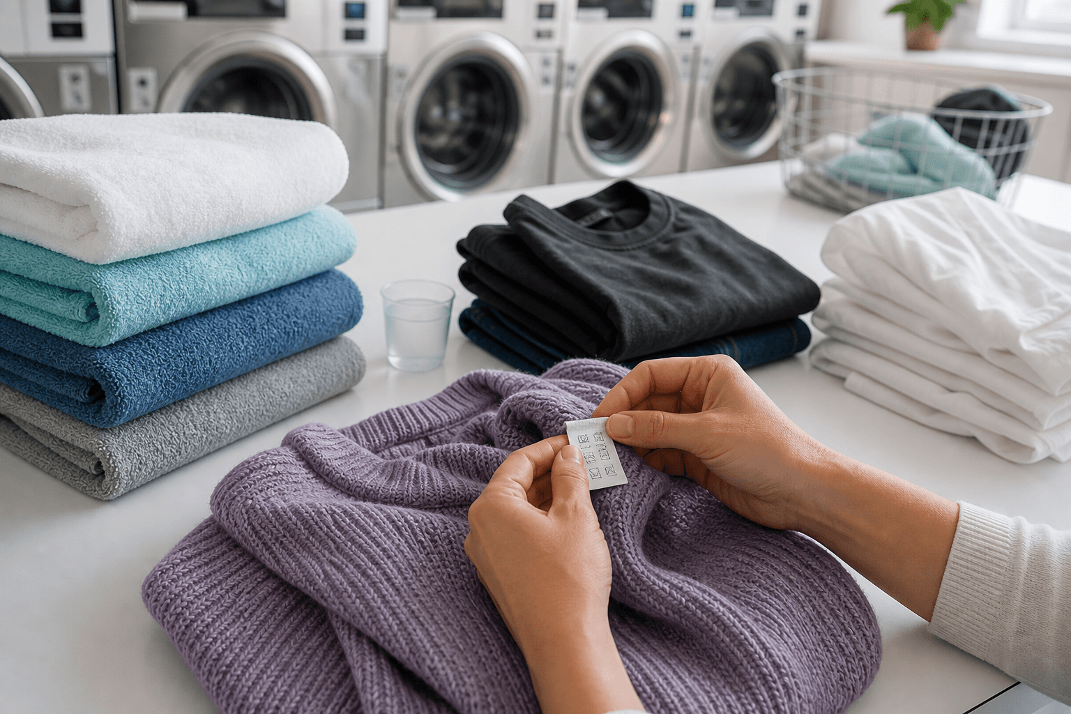 Laundry sorted by fabric type while a garment care label is checked at a laundromat