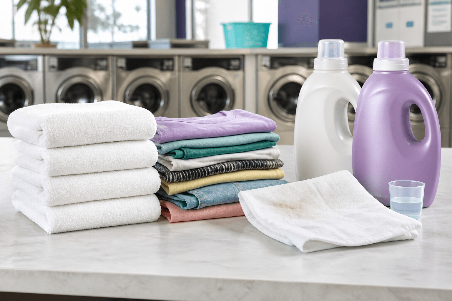 Folded clean laundry with two unbranded detergents and a measuring cup on a laundromat counter