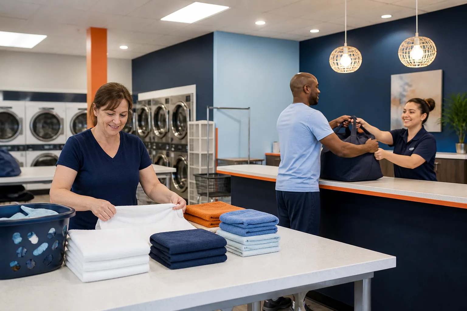 Self-serve folding area and in-store drop-off wash-dry-fold counter at a neighborhood laundromat