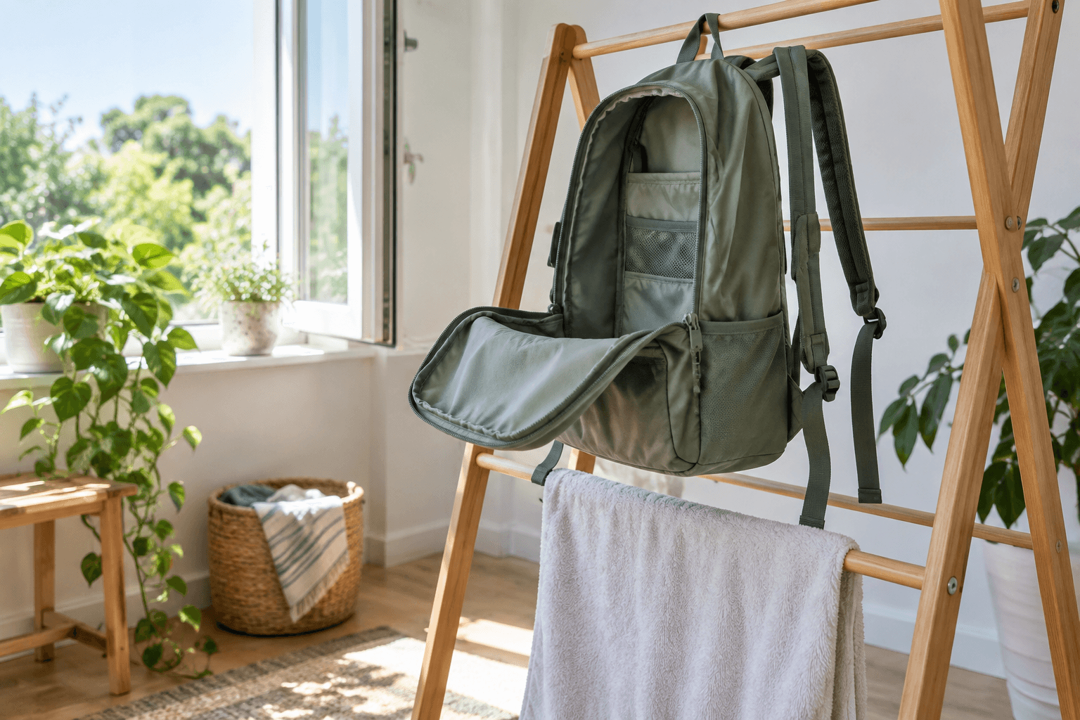 An unbranded green backpack hanging open on a wooden drying rack near a bright window