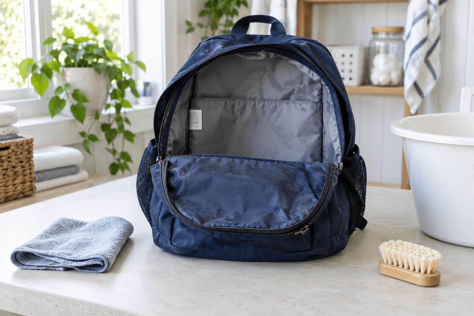 An unbranded navy backpack opened on a table with a soft cloth and brush for careful cleaning