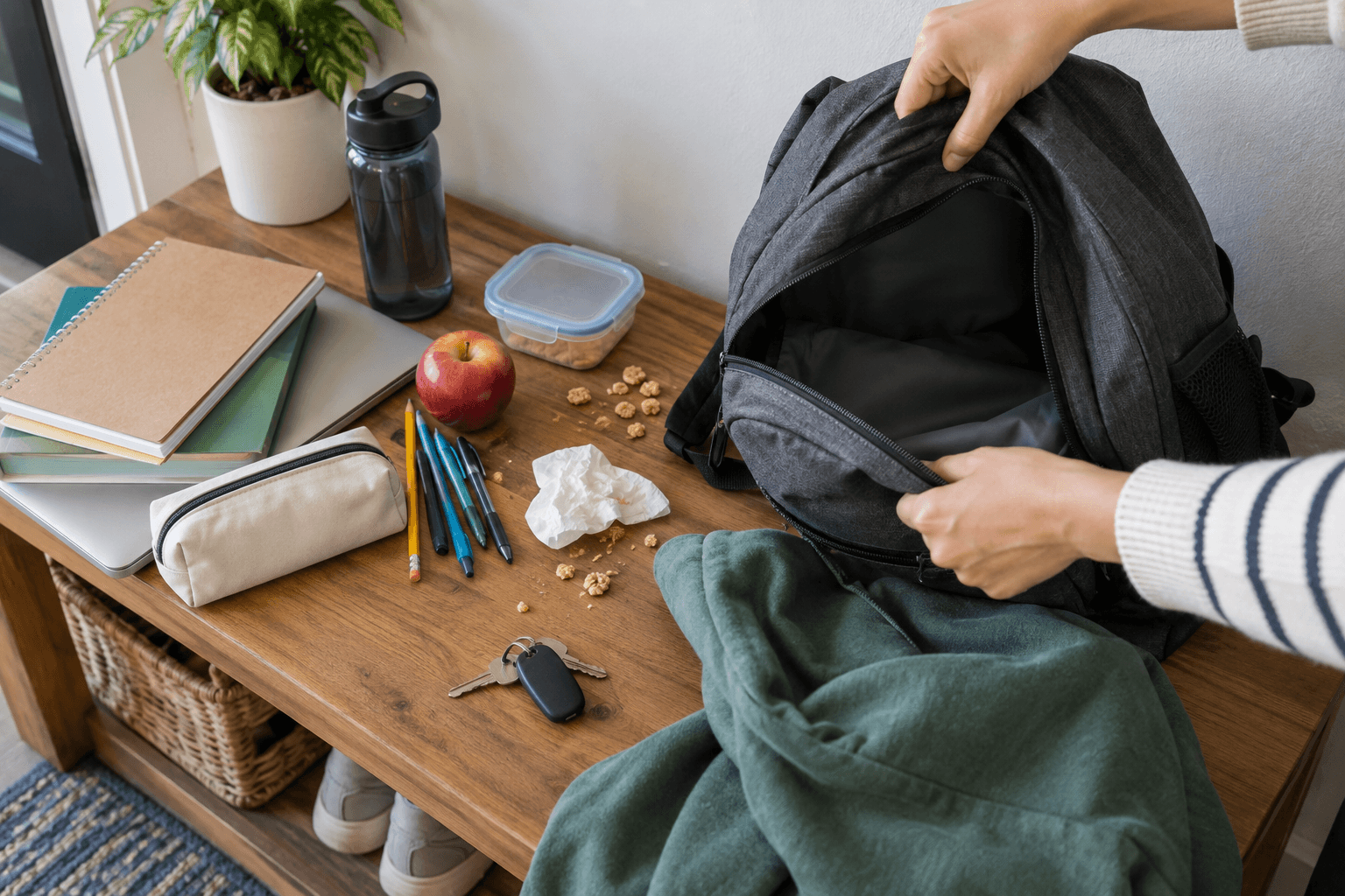 Hands emptying an unbranded gray backpack on a table with school supplies and crumbs set aside