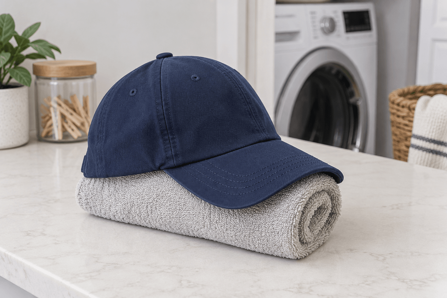 Navy baseball cap resting on a rolled towel to support its crown and brim while drying