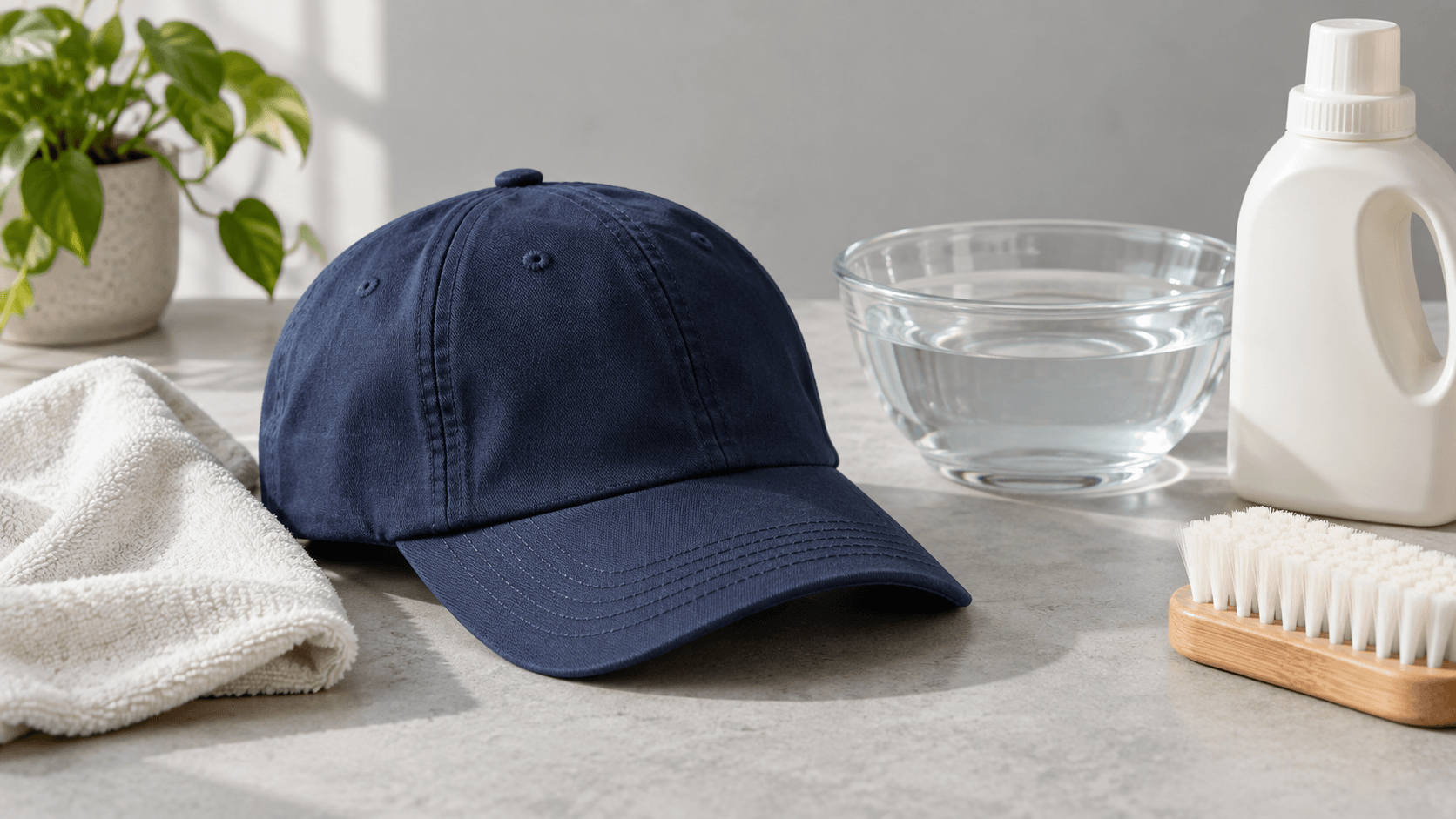 Navy baseball cap beside a cloth, cool water, and mild detergent for careful spot cleaning.