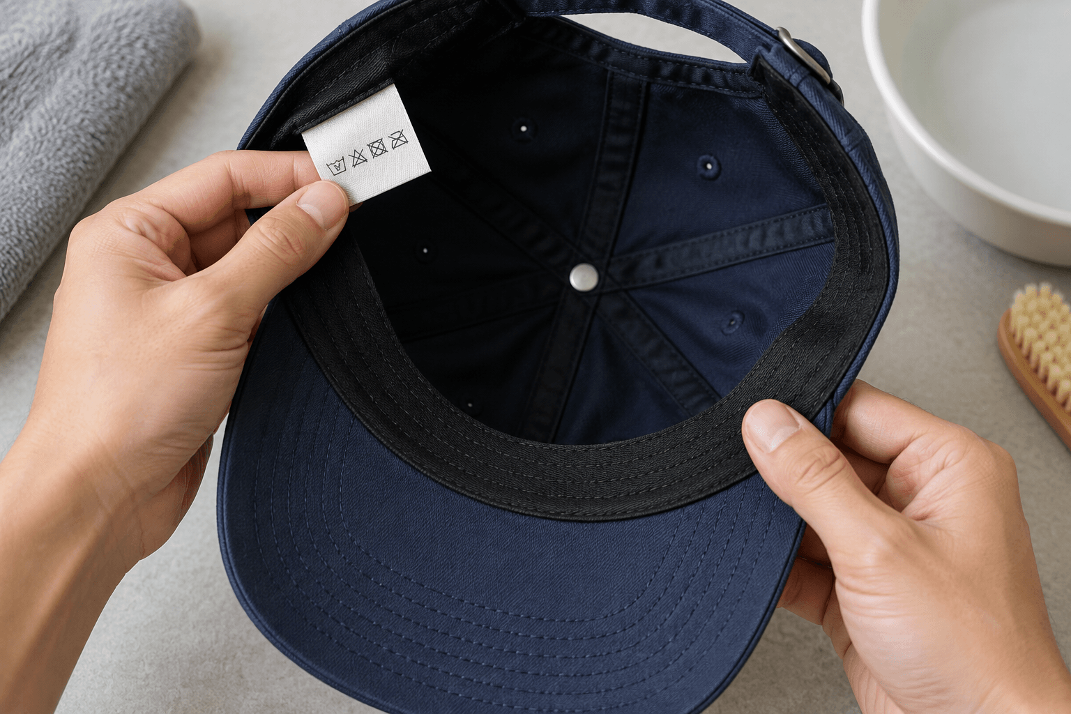 Hands inspecting a baseball cap care label, brim, and sweatband before cleaning