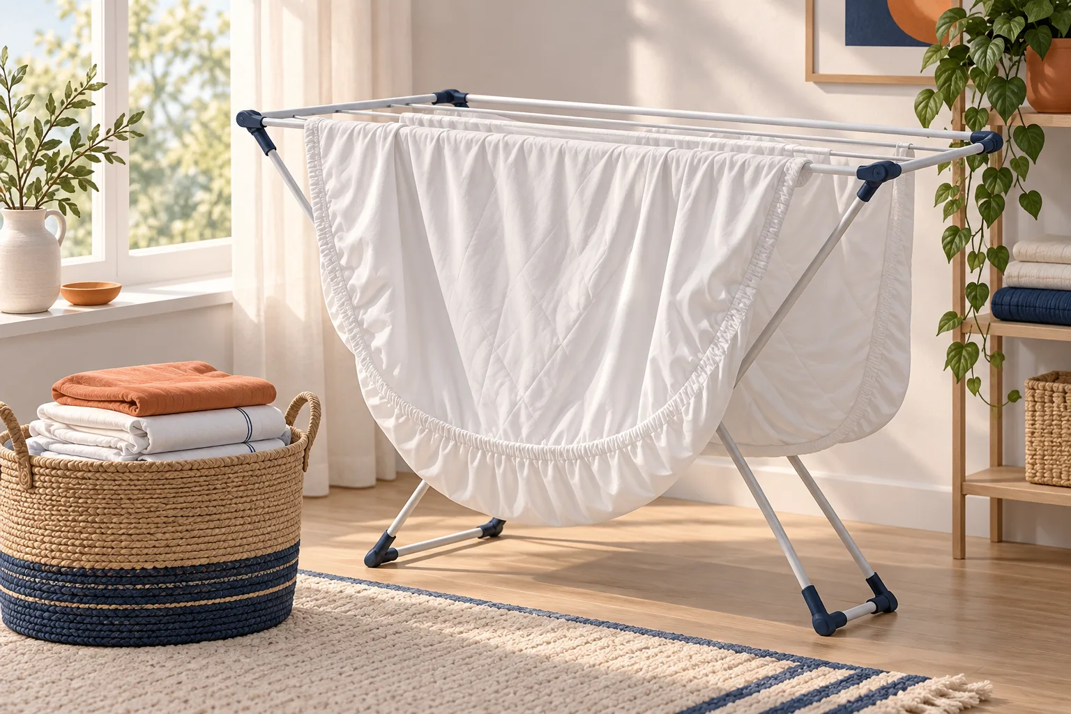 Illustration of a white mattress protector spread across an indoor drying rack