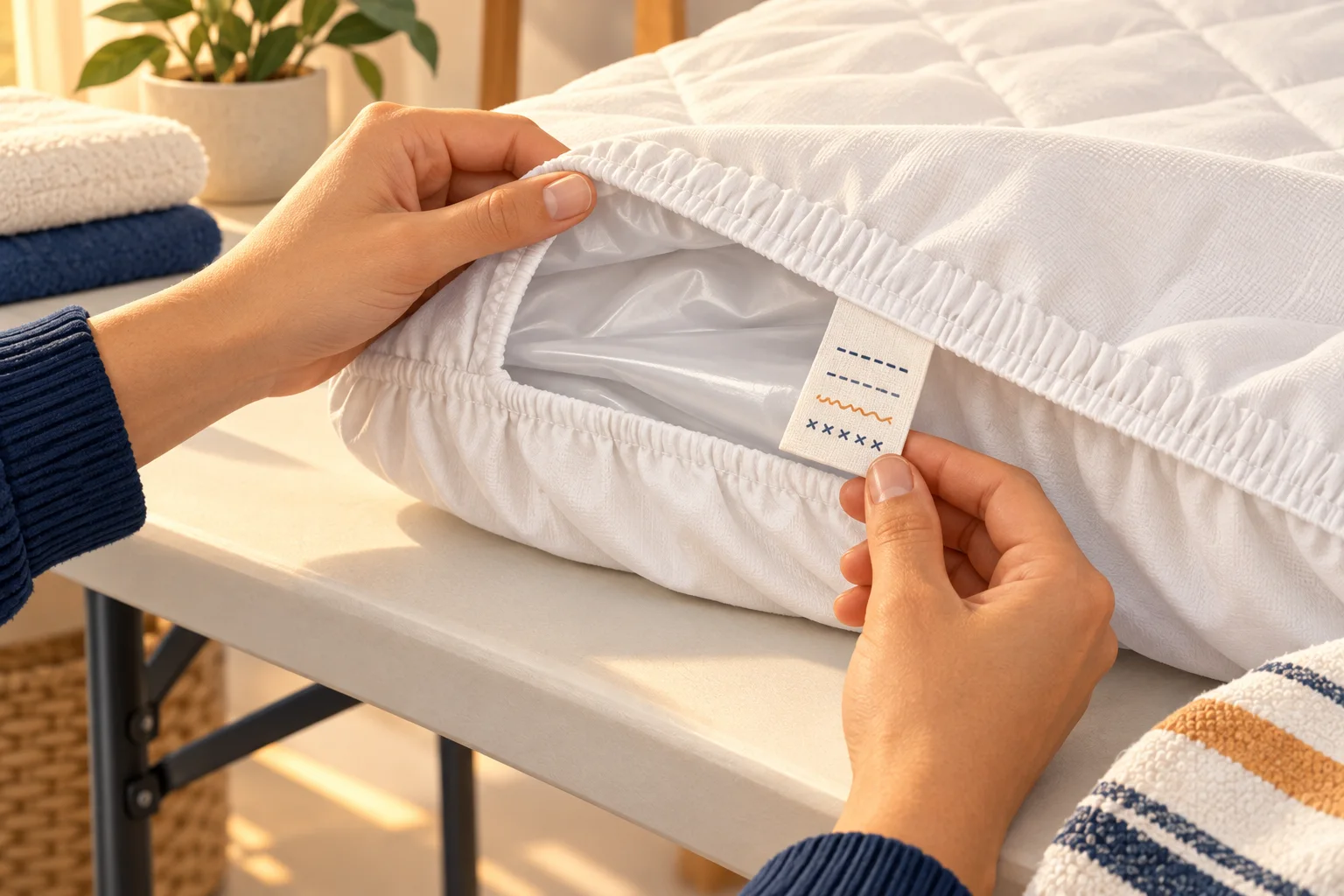 Illustration of hands checking the care tag and lining of a mattress protector