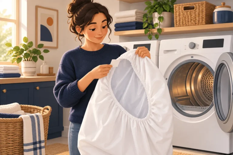 Editorial illustration of a person checking a mattress protector care label beside a dryer