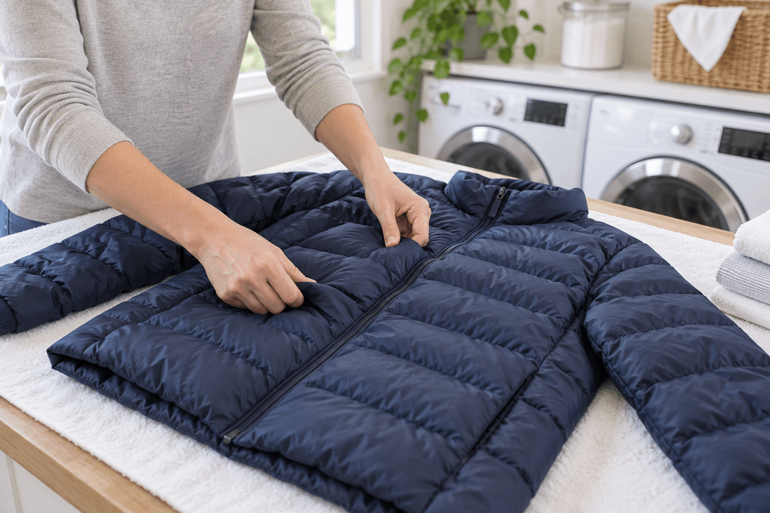 Navy puffer jacket drying flat on a towel while hands gently separate its quilted sections