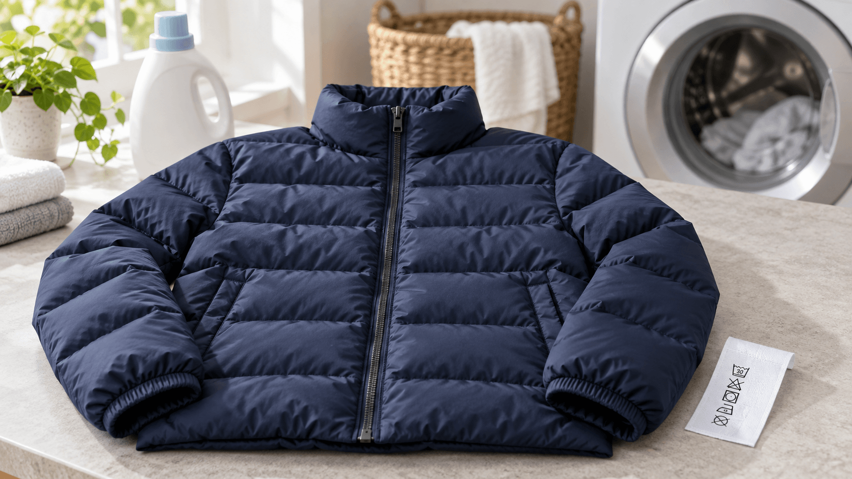 Navy puffer jacket beside a care label and laundry detergent bottle in a laundry room.
