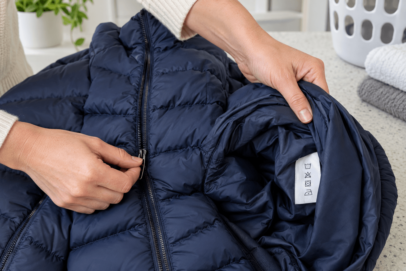 Hands fastening a navy puffer jacket and checking its care label before washing