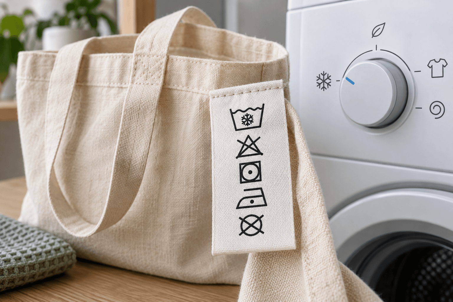 A cotton reusable grocery bag with a fabric care label beside a washing machine
