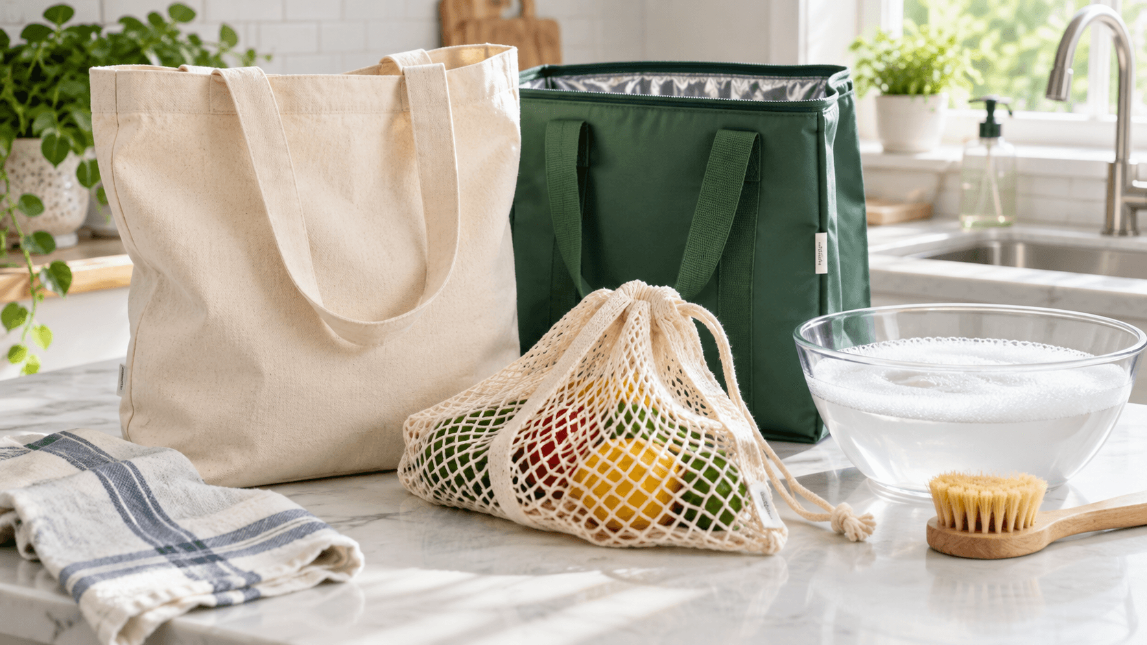 Reusable grocery bags beside a bowl of soapy water on a kitchen counter