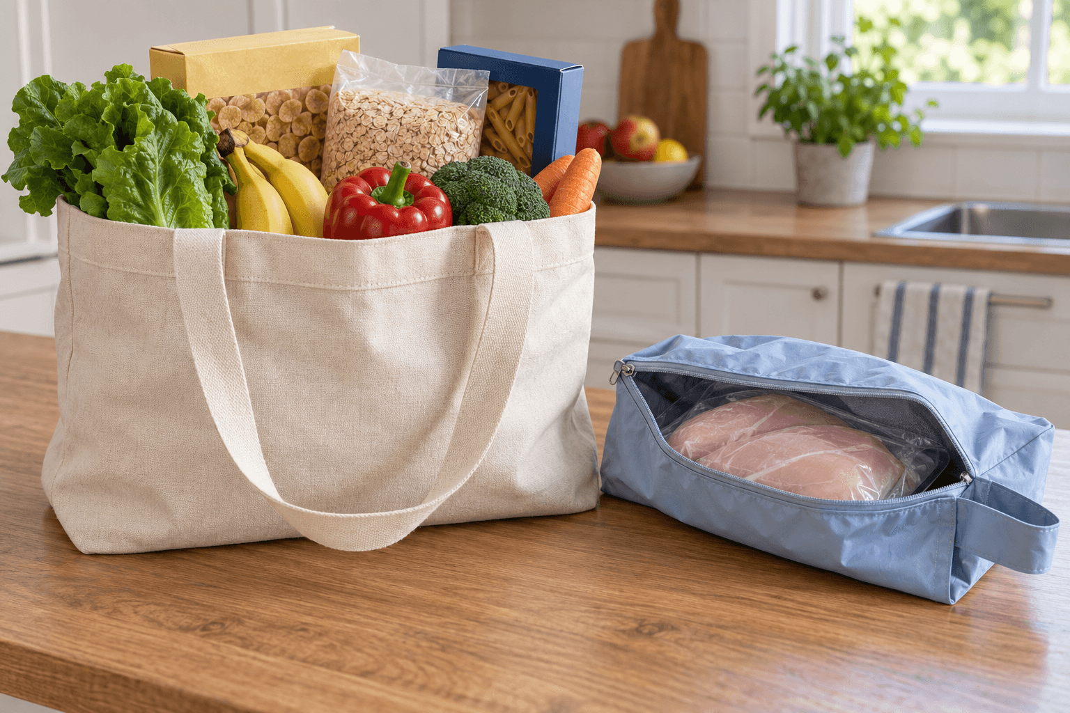 Reusable grocery bags separating produce and dry goods from a sealed raw-protein package