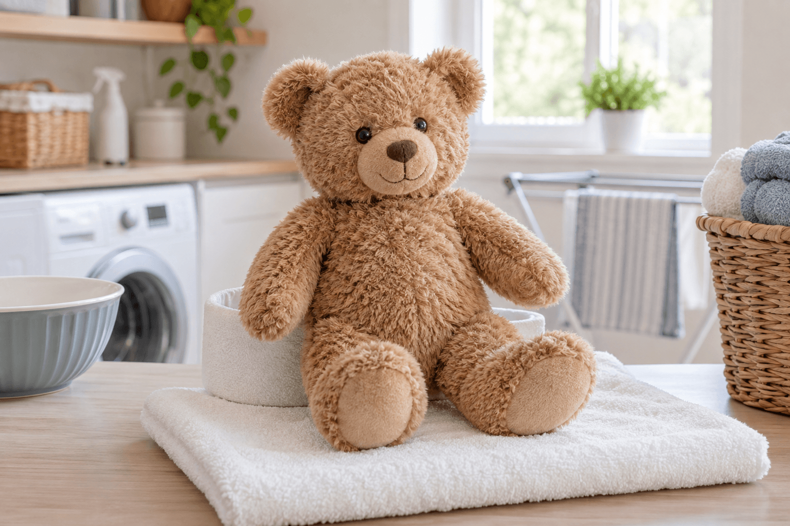 A stuffed bear resting on a clean towel after its care routine
