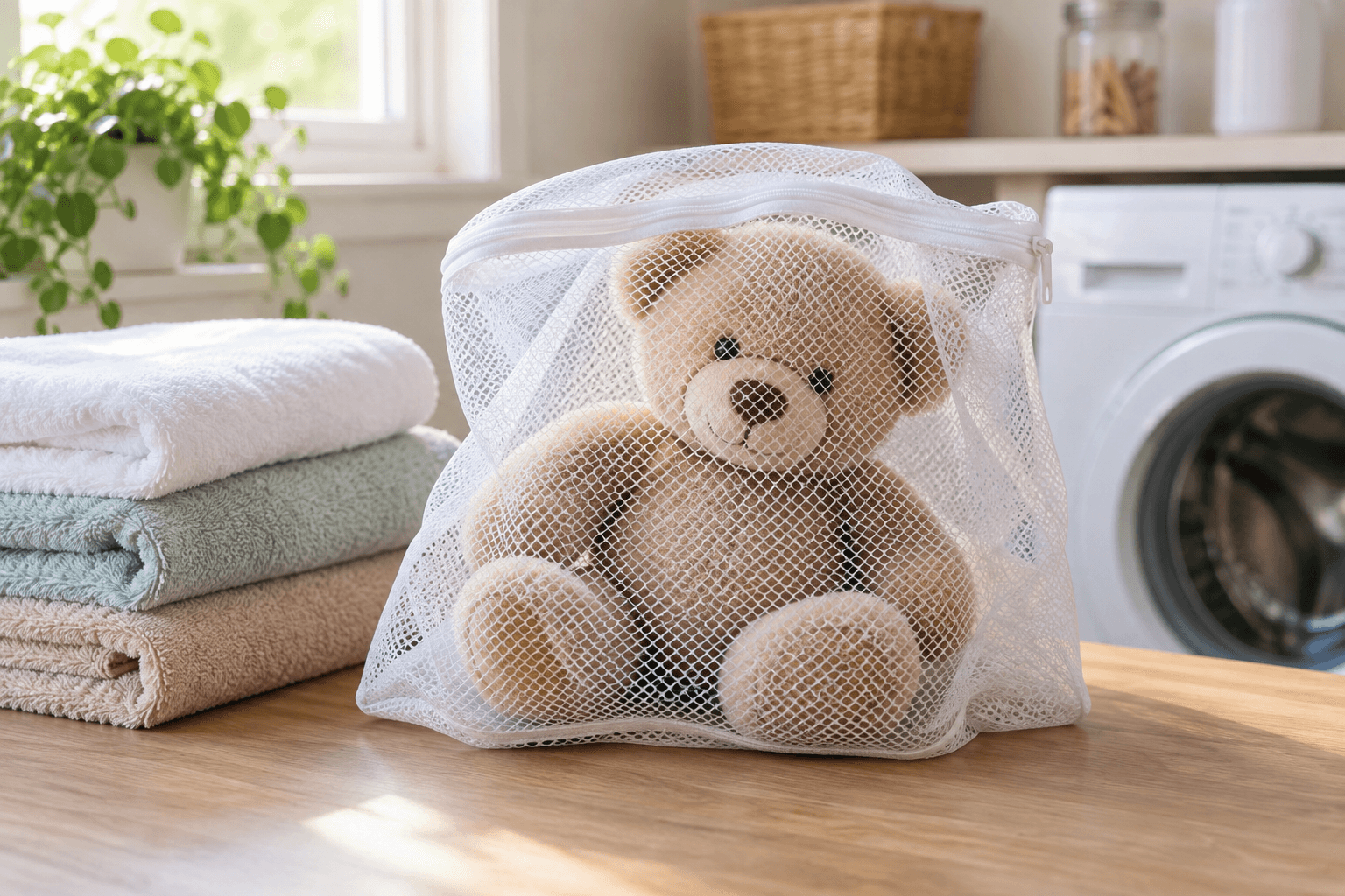 Stuffed bear in a mesh laundry bag beside clean towels