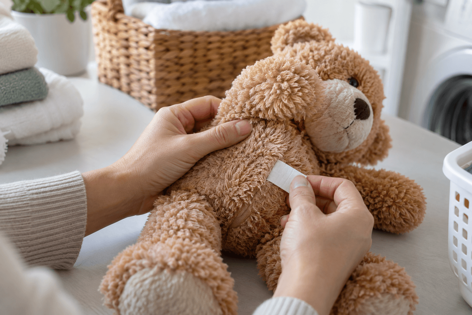Hands checking the seam and care label of a stuffed animal before cleaning