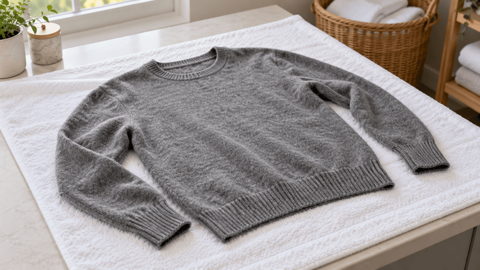 Gray wool sweater laid flat and reshaped on a clean white towel in soft daylight