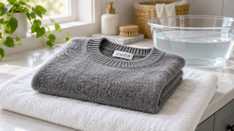 Gray wool sweater folded on a white towel beside a clear basin and its care label in a laundry room.