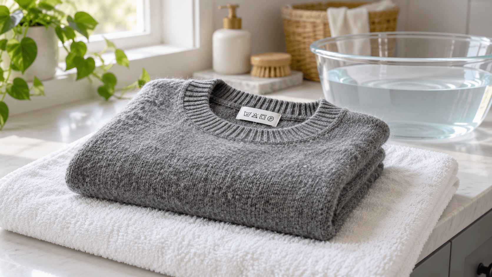 Gray wool sweater folded on a white towel beside a clear basin and its care label in a laundry room.