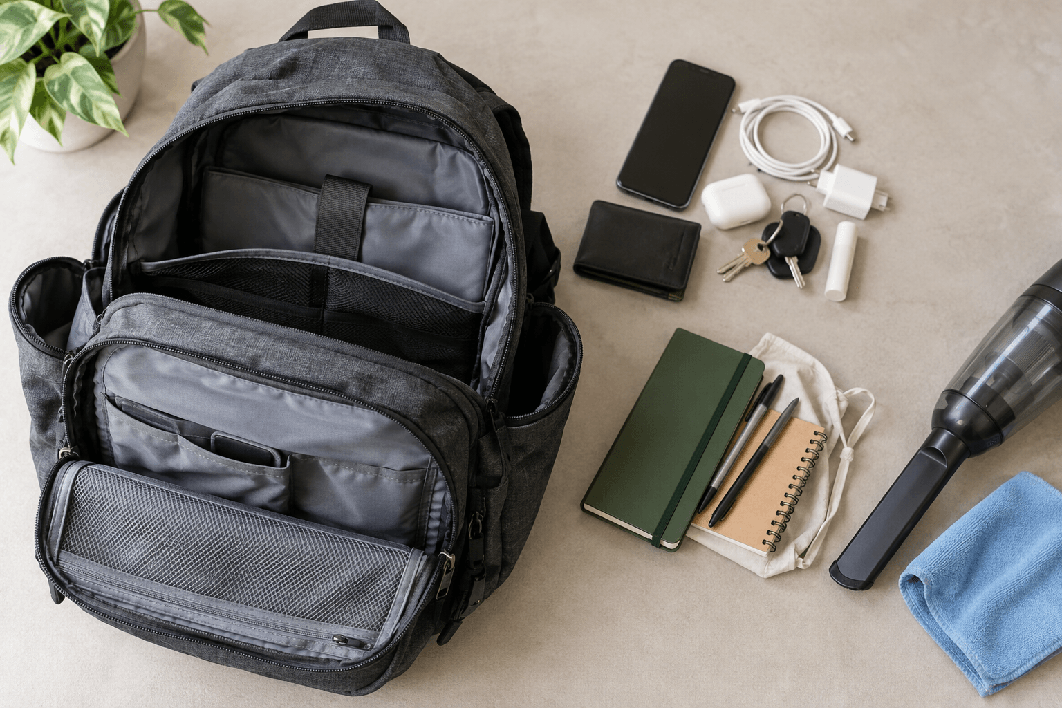 An open gray backpack with empty pockets beside everyday items, a vacuum nozzle, and a cloth.